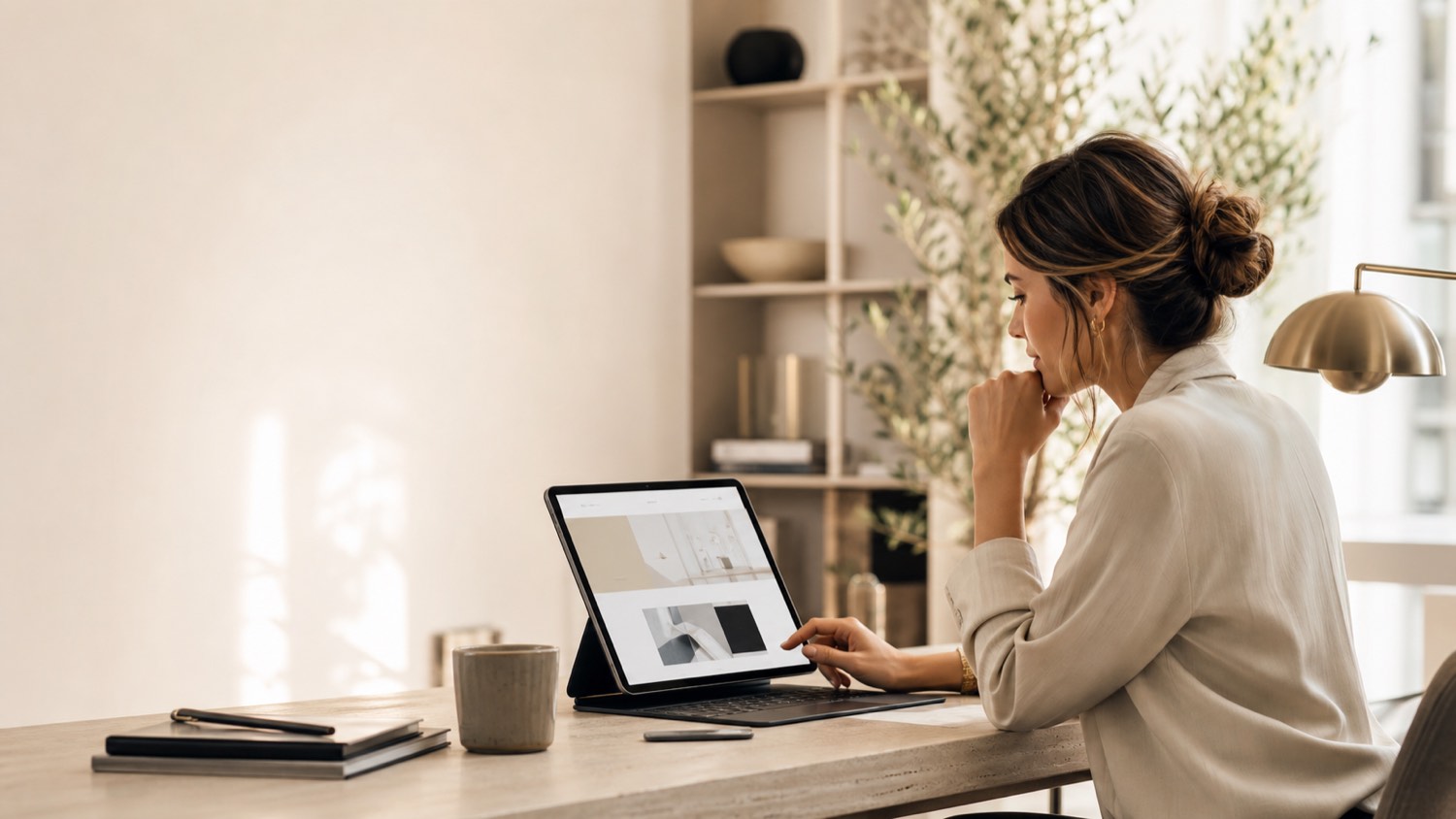 A small business owner reviewing their website on a tablet